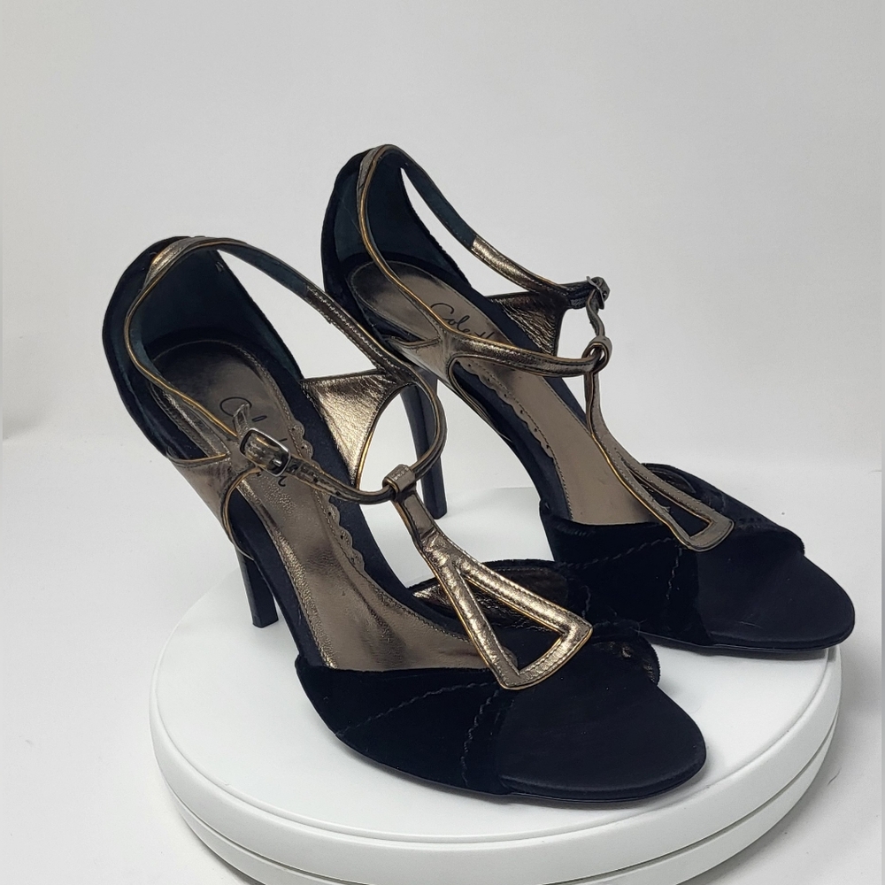 Cole Haan Black Velvet & Brassy Gold Open Toe Stilletto T-Strap Heels - Picture 4 of 16